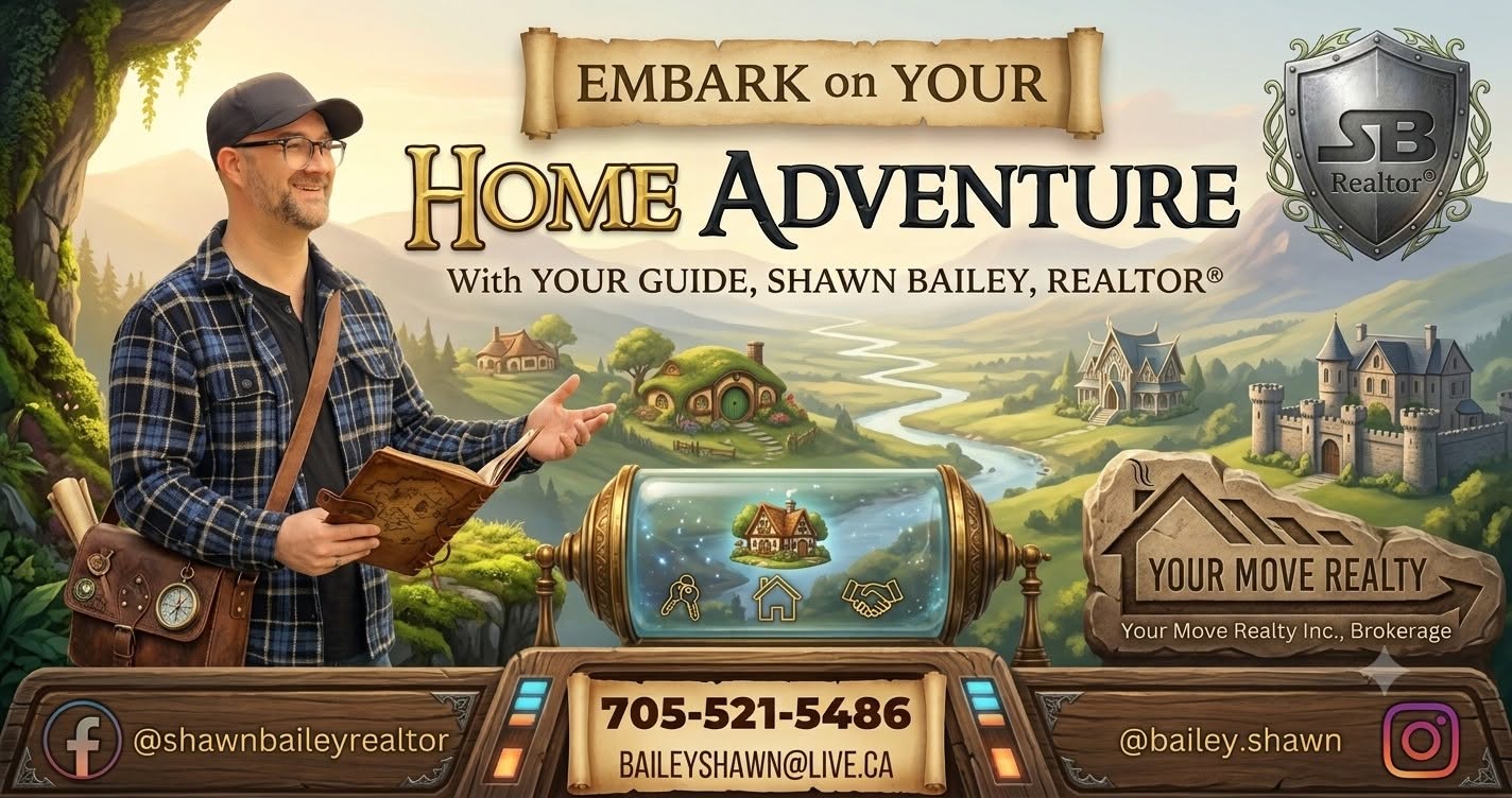 Embark on your home adventure with your guide, Shawn Bailey, Realtor® — storybook illustration of rolling hills, cottages and a castle